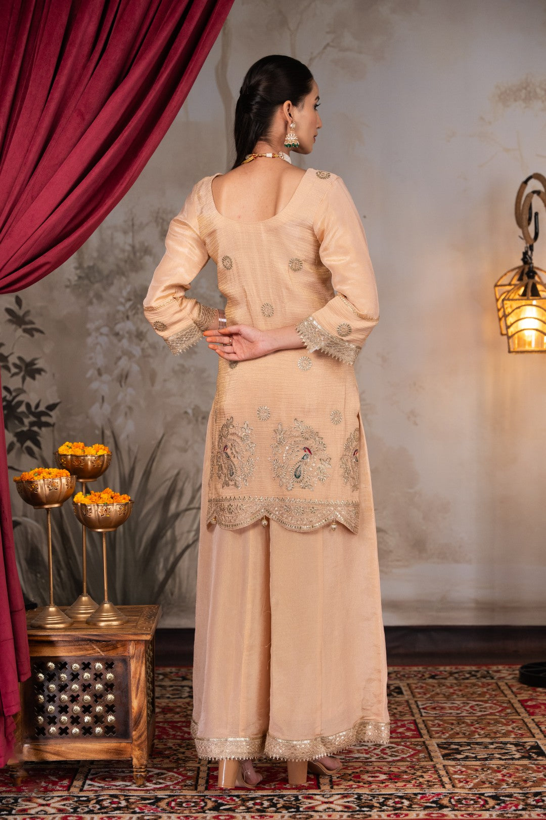 Peach Gota & Tila Work Sharara Set